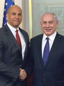 U.S. Sen. Cory Booker, left, met with Israeli Prime Minister Benjamin Netanyahu during a recent mission to Israel and other American ally nations by Democratic senators. Credit: NJJN, with photo courtesy Sen. Cory Booker.